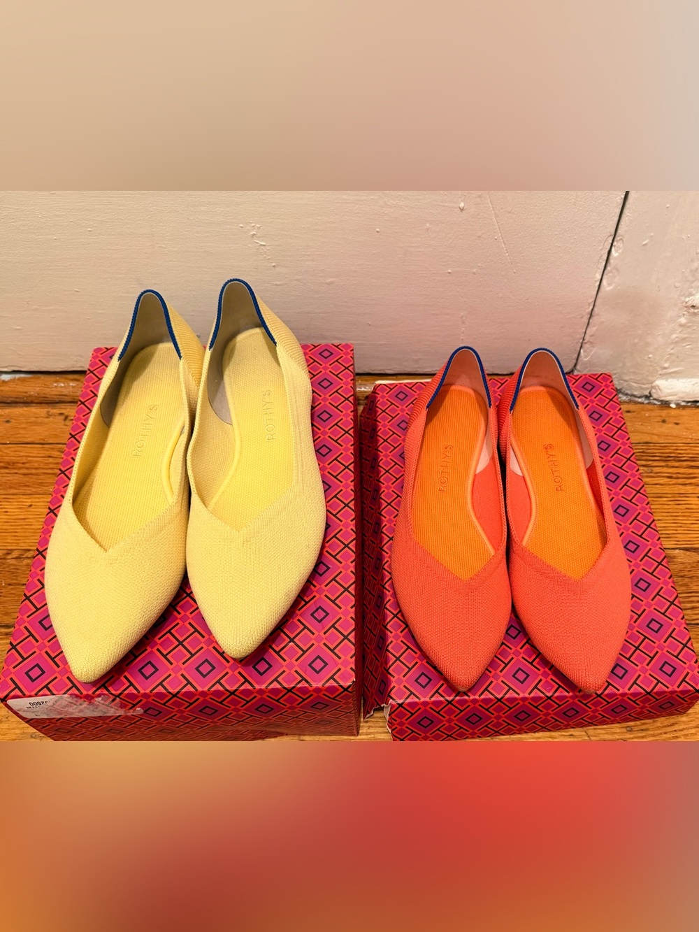 2 pairs Women Rothy’s Size 10 Yellow Coral Orange Pointed Toe Flats Shoes